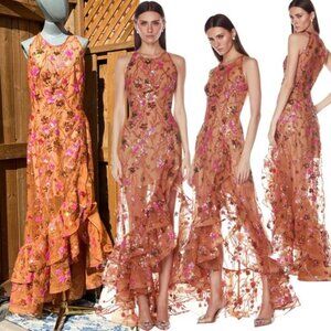 🆕 BRONX & BANCO🧿 NWOT Sicilia Coral Sequin Fluted Hem Maxi Dress, Sz L US 8